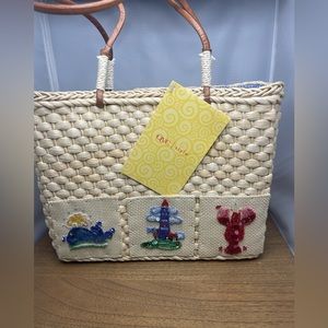 Woven Straw Handbag Summer Purse Beach Tote With Beaded Beach Pics Sewed On
